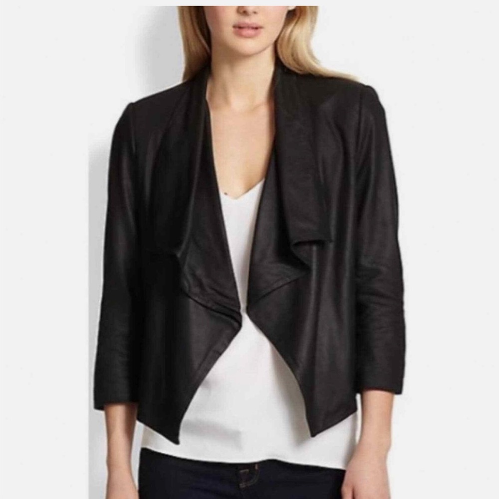Alice + Olivia Black Open Front Goat Leather Cropped Moto Jacket Size XS